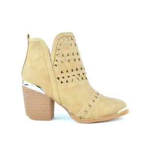 Nude Laser Cut Chunky Heel Pointy Toe Bootie